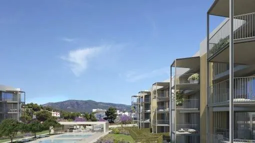 New 1-bedroom apartment with large terrace and communal pool in Palmanova