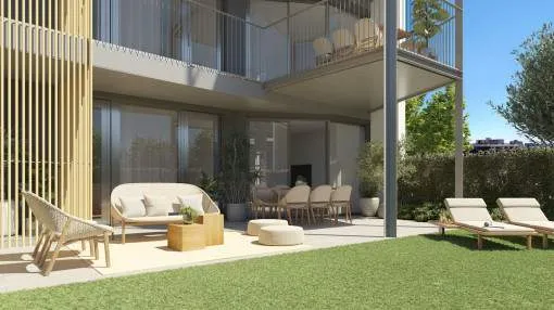 New construction first floor apartment with covered terrace and garden in beach area of Palmanova