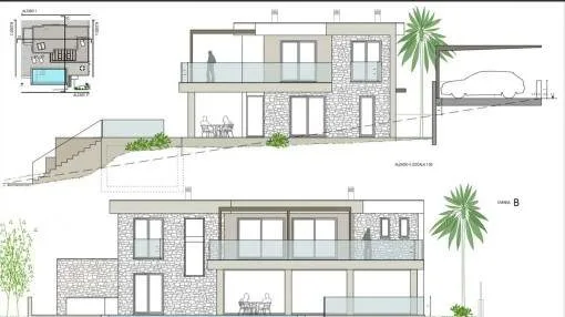 Building plot close to the sea with an approved project for the construction of a modern house with pool in Cala Mandia Building plot close to the sea with an approved project for the construction of a modern house with pool in Cala Mandia