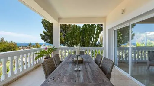 Immaculate sea view villa with pool and garden above Puerto Portals. Immaculate sea view villa with pool and garden above Puerto Portals.