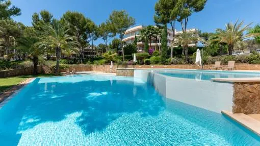 High quality and elegant ground floor apartment in Sol de Mallorca in an exclusive community with salt water pool
