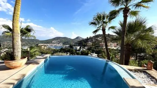 Charming Mediterranean-style villa with panoramic views of the Port of Andratx, infinity pool, and five spacious double bedrooms.